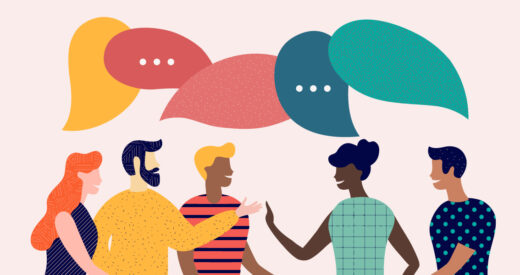 Group of cartoon people with speech bubbles over their heads.