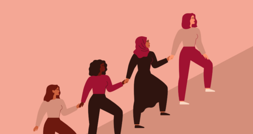 illustration of women pulling each other up a hill